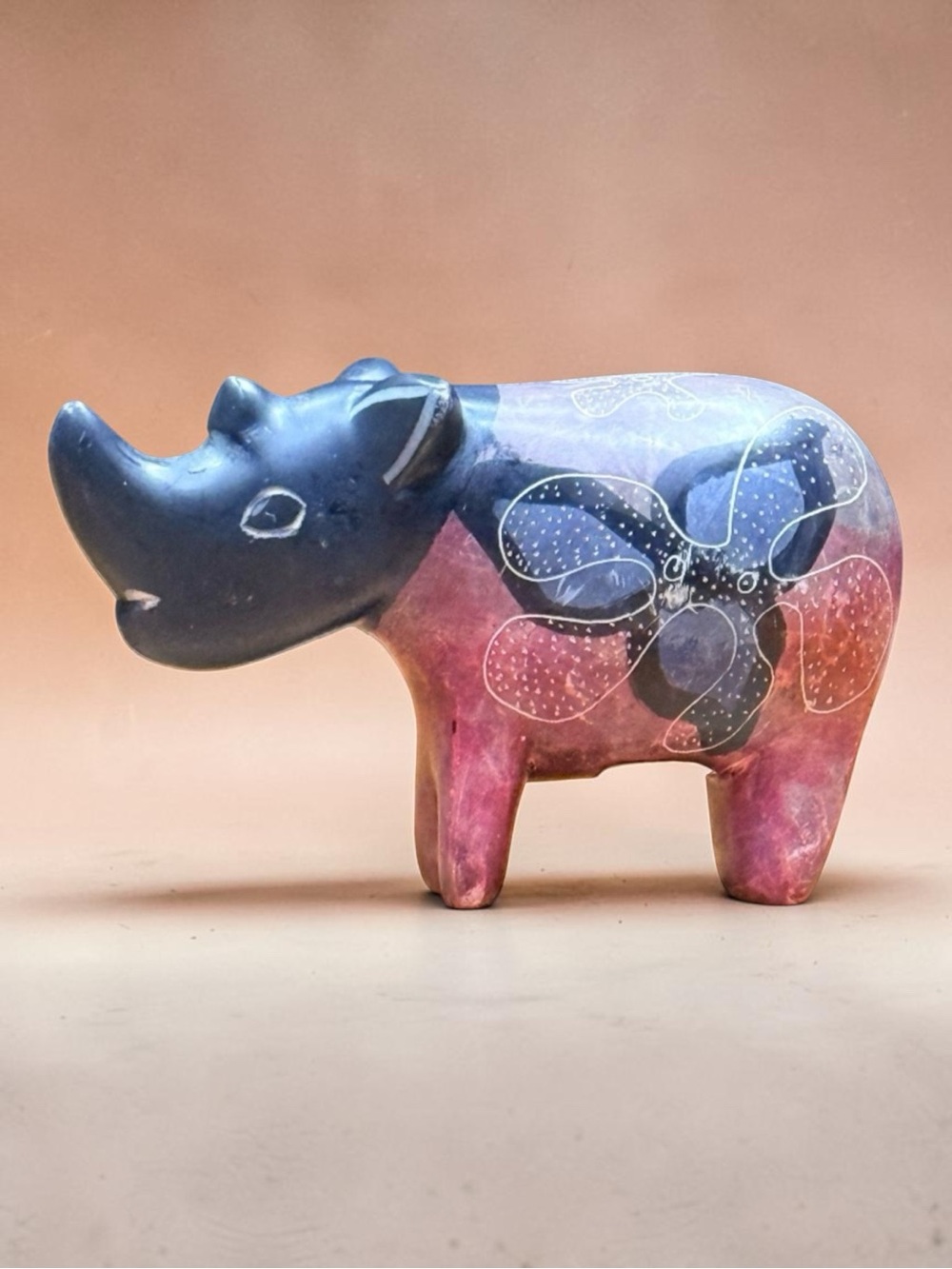 Hand Carved and Painted Rhinoceros Figurine
